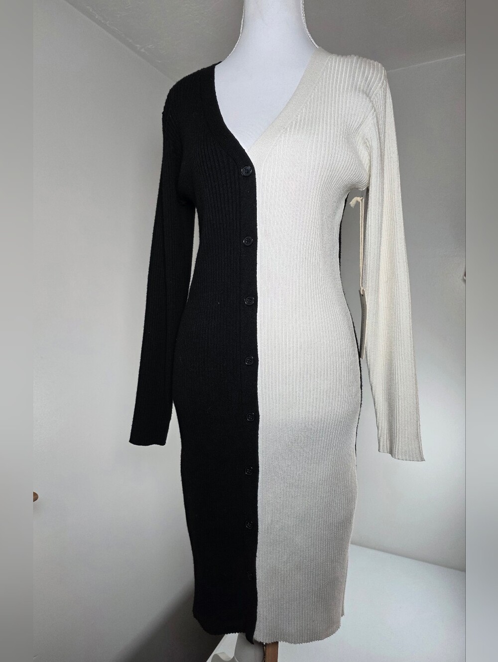 Two-Tone Black & White Ribbed Button Midi Dress